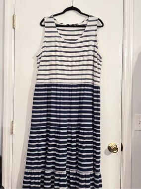 Lands' End 2X Navy & White Striped Tiered Sleeveless Maxi Dress - Plus Size
